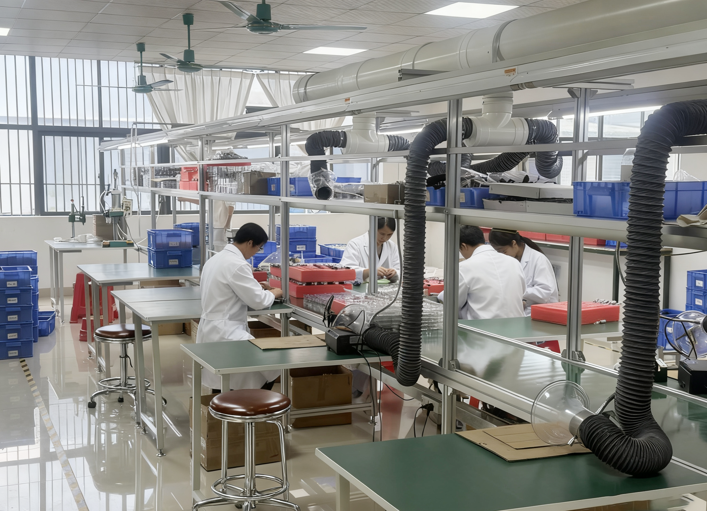 Workers assembling LED bulbs at benches in the TUHO factory