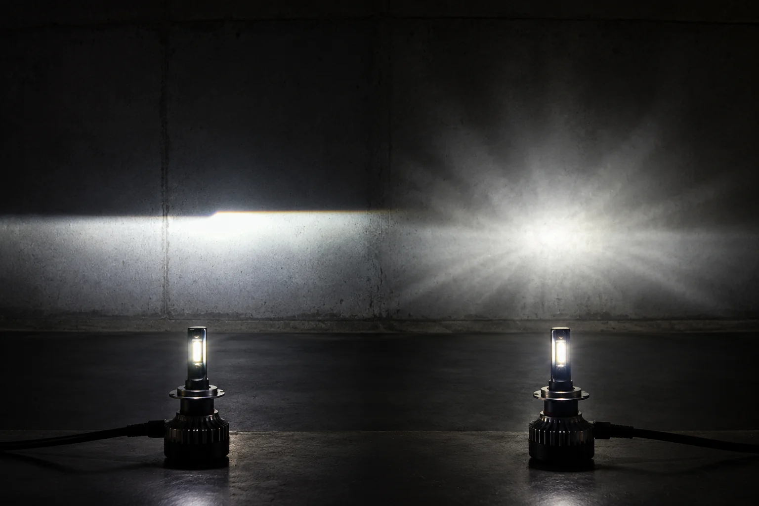 24V truck and delivery van with bright LED headlights on a road at dusk