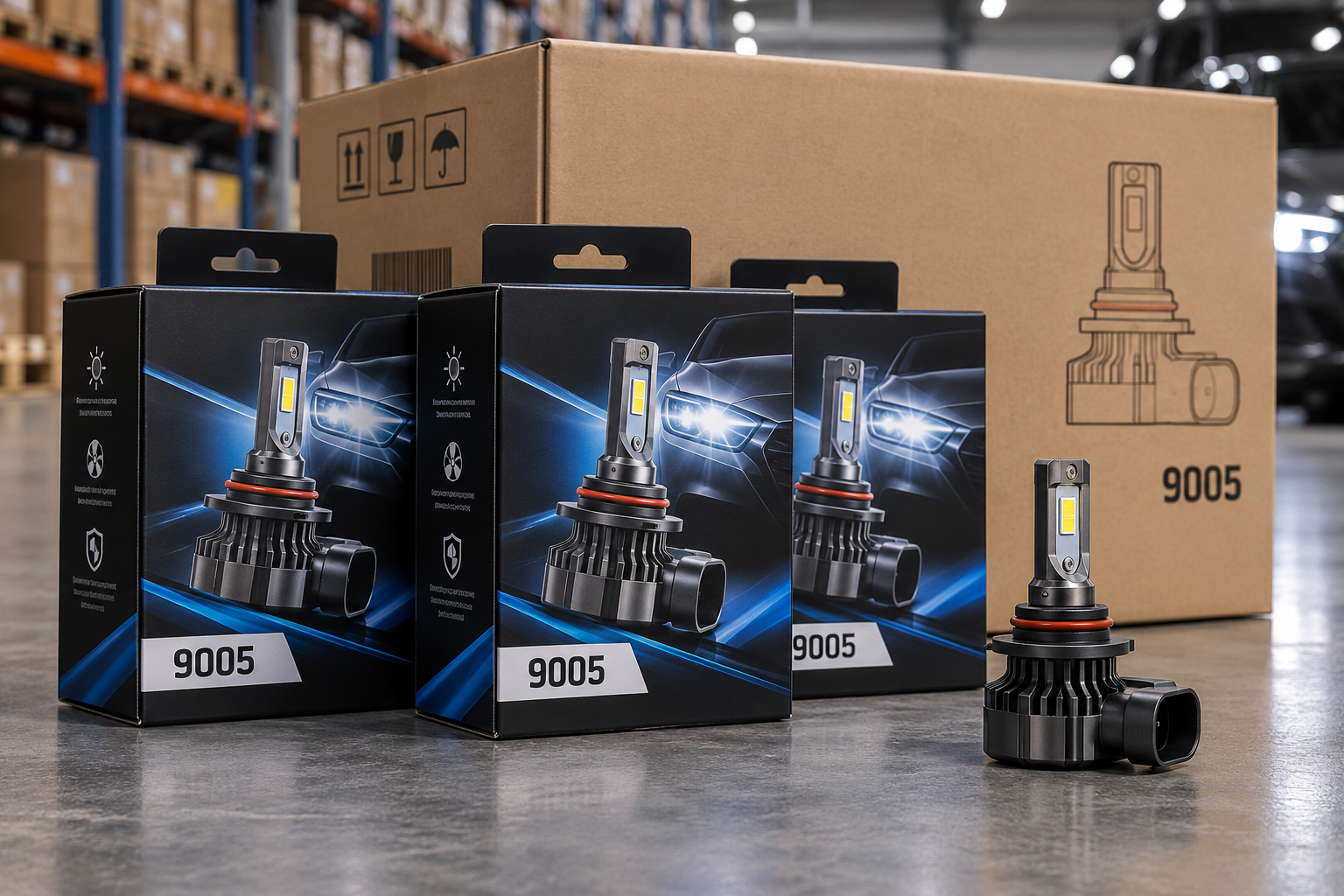 9005 LED headlight bulb color boxes with the socket printed on the label, packed in an outer carton