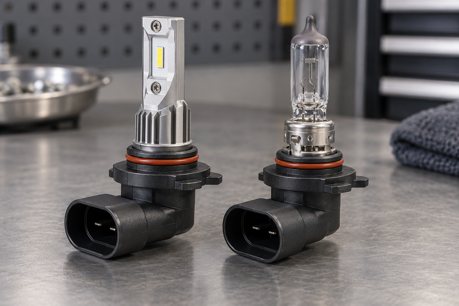 9005 LED headlight bulb next to a halogen 9005 HB3 bulb showing the same plastic base