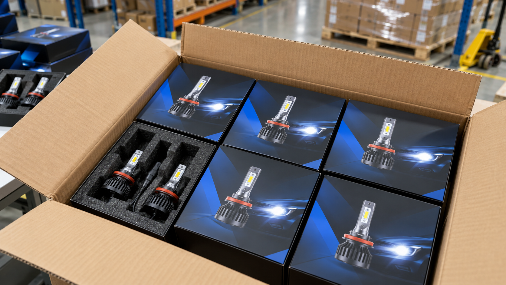Three H11 LED headlight bulbs with different cooling designs: compact heatsink, copper pipes and fan