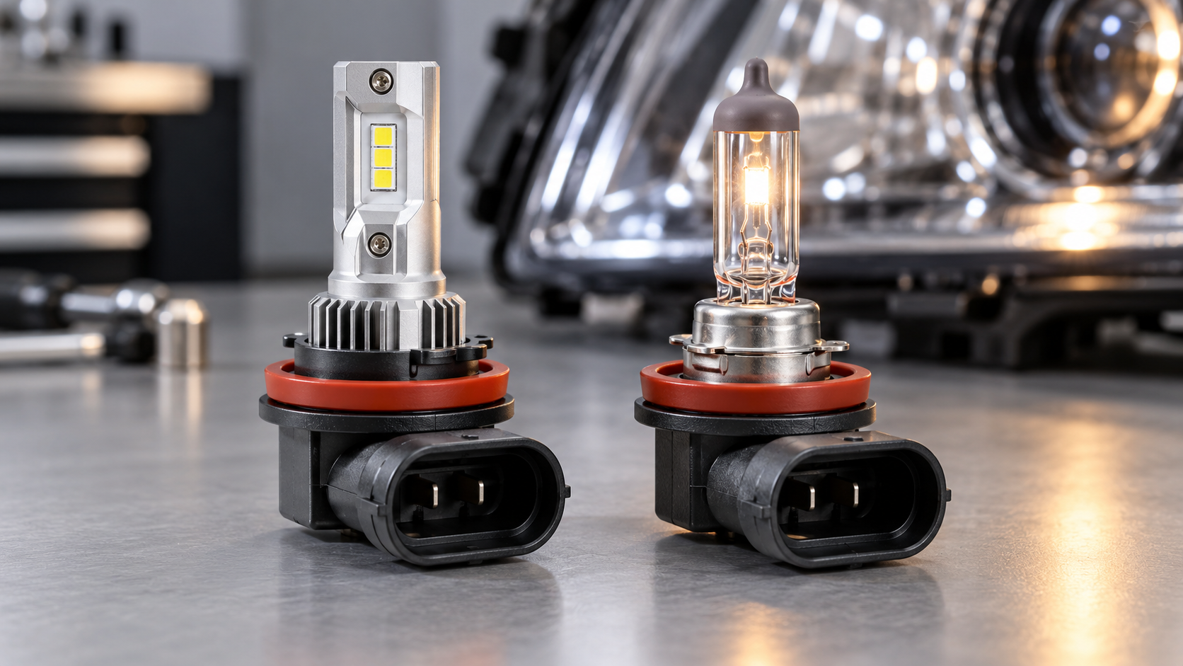 H11 LED headlight bulb next to a halogen H11 bulb showing the same base shape