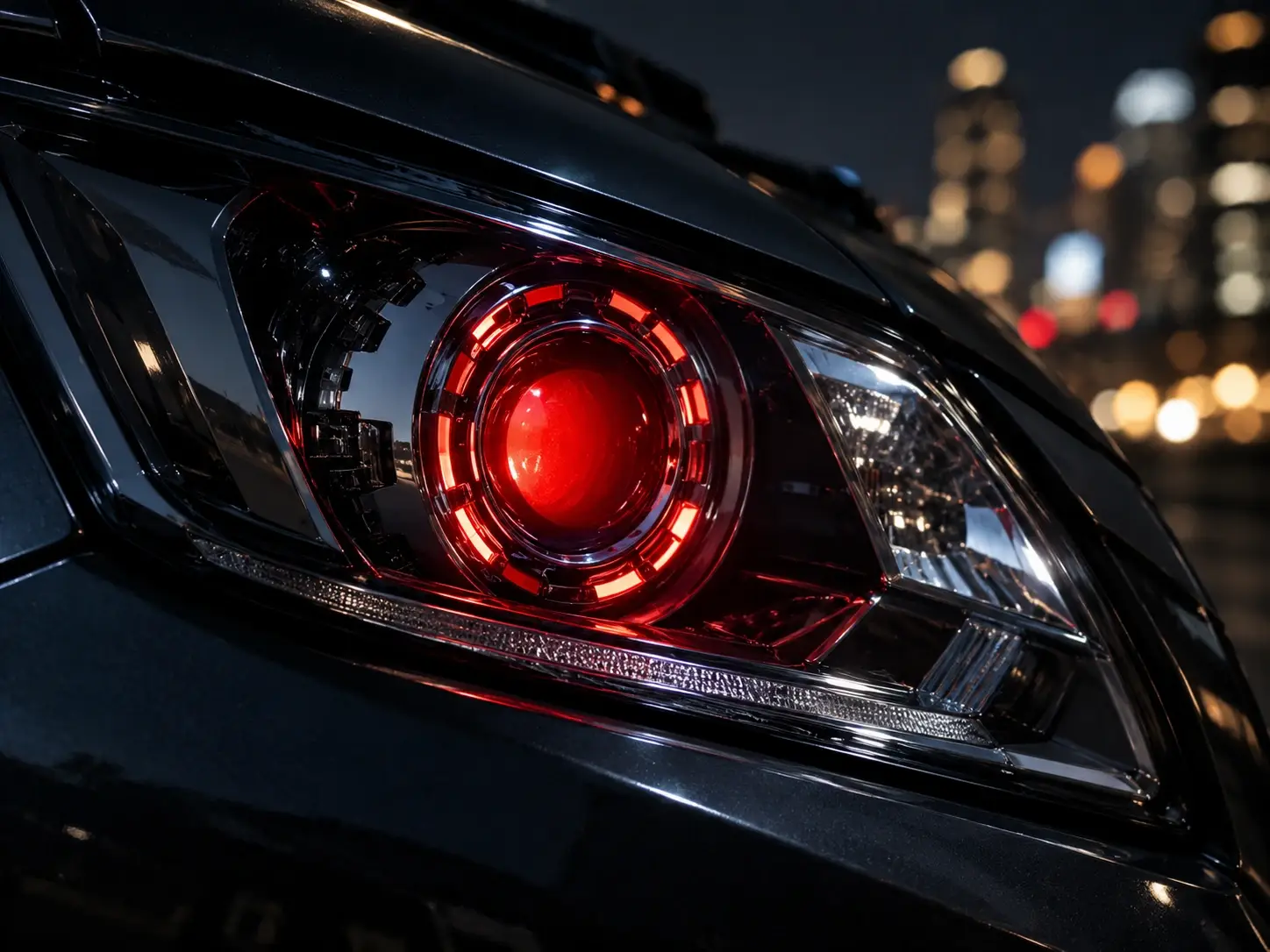 3-inch projector headlight with a demon eye light glowing at night