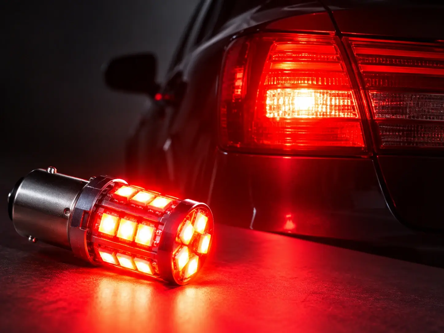 LED 1157 bulb lit at strong output for the brake light