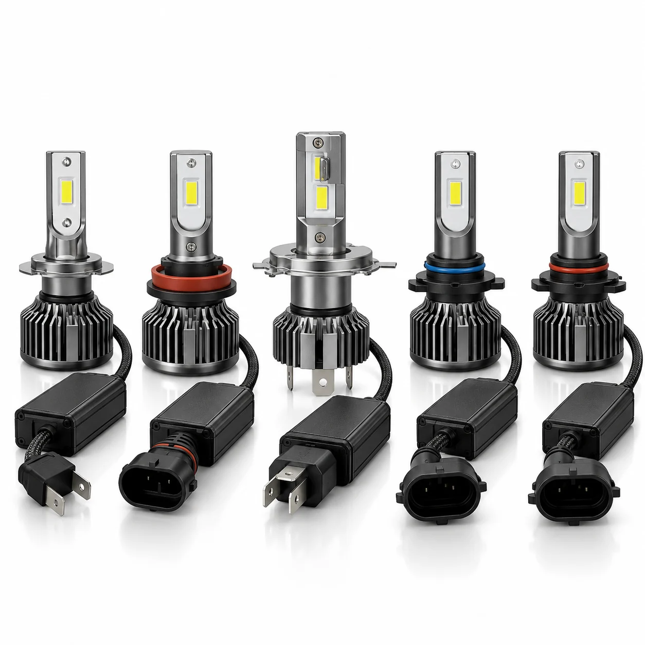 LED headlight bulbs lineup (H7, H11, H4, 9005, 9006) with heat sinks and drivers