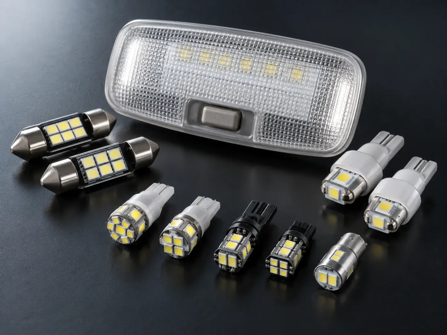 LED interior light kit with dome, reading and dashboard bulbs laid out together