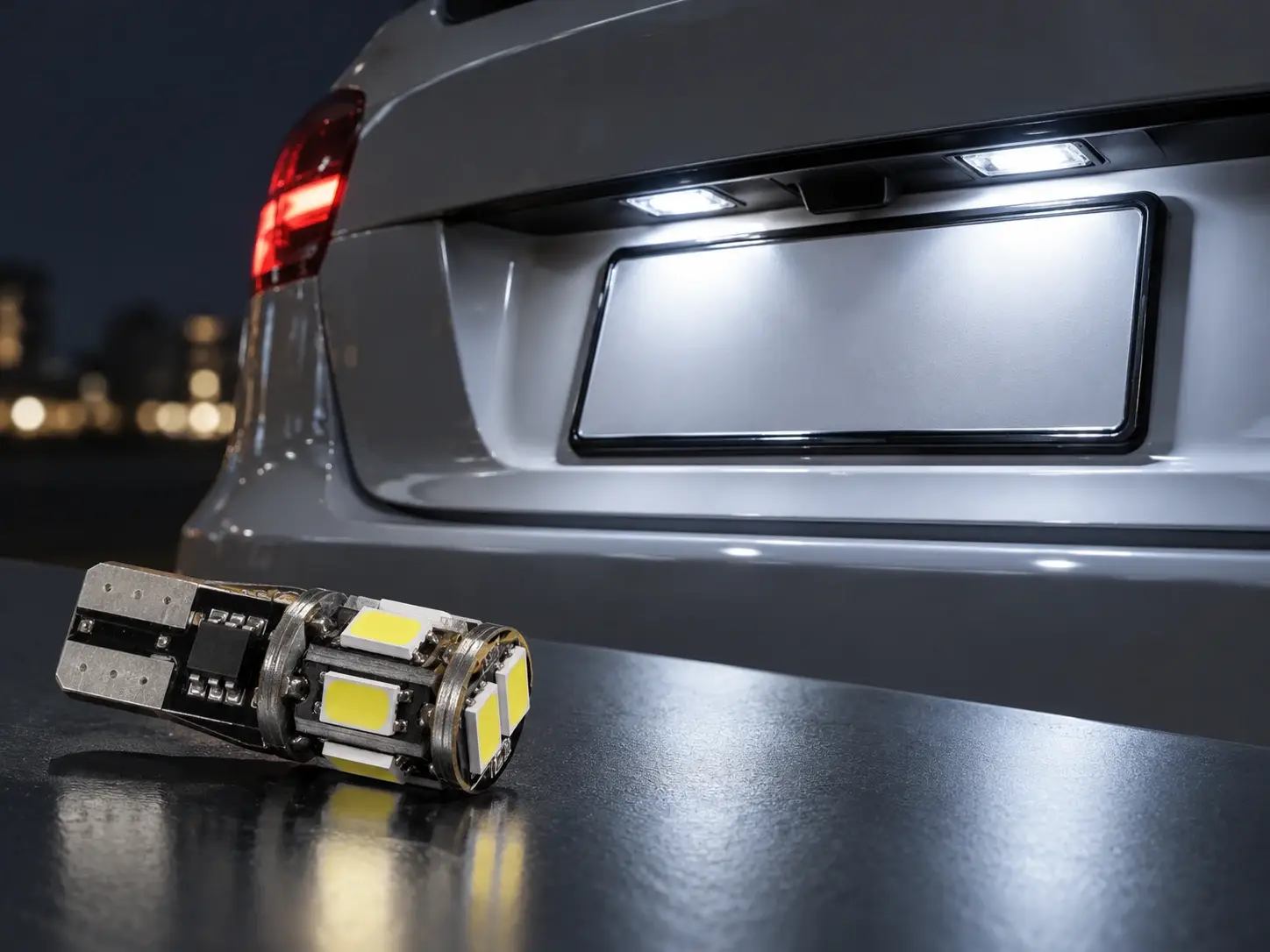 LED T10 W5W Canbus bulb next to a lit license plate