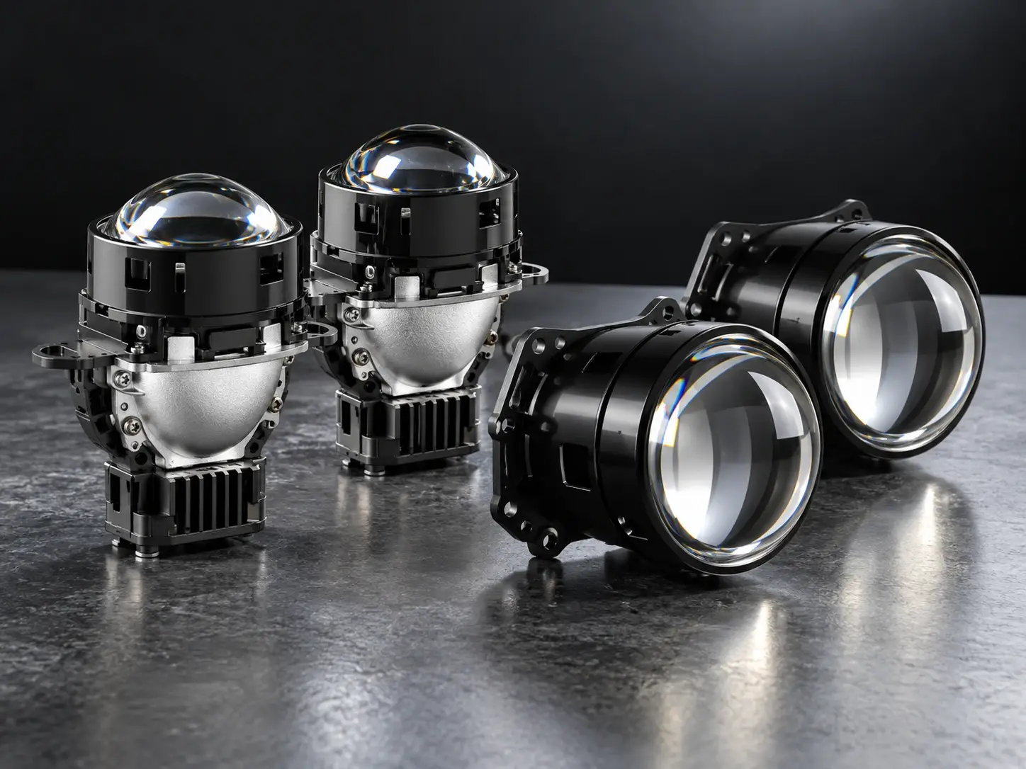 Y-series mini projector lens bulbs and 3-inch S-series cup lenses laid out together