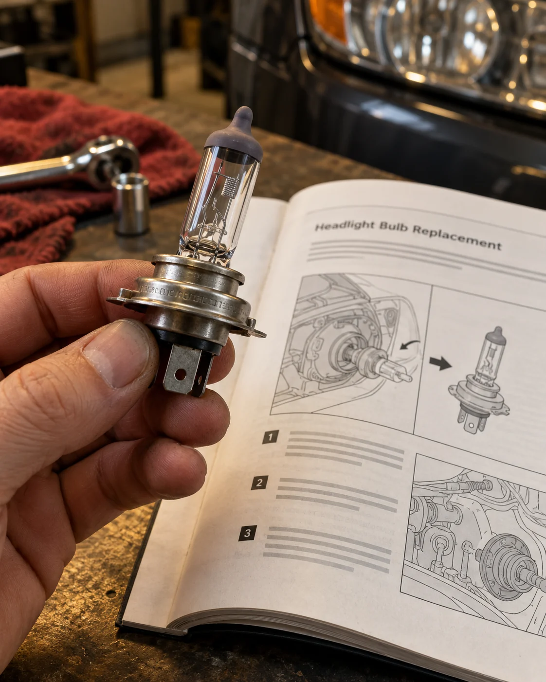 Hand holding an old halogen headlight bulb with the socket code printed on its base, next to an owner manual