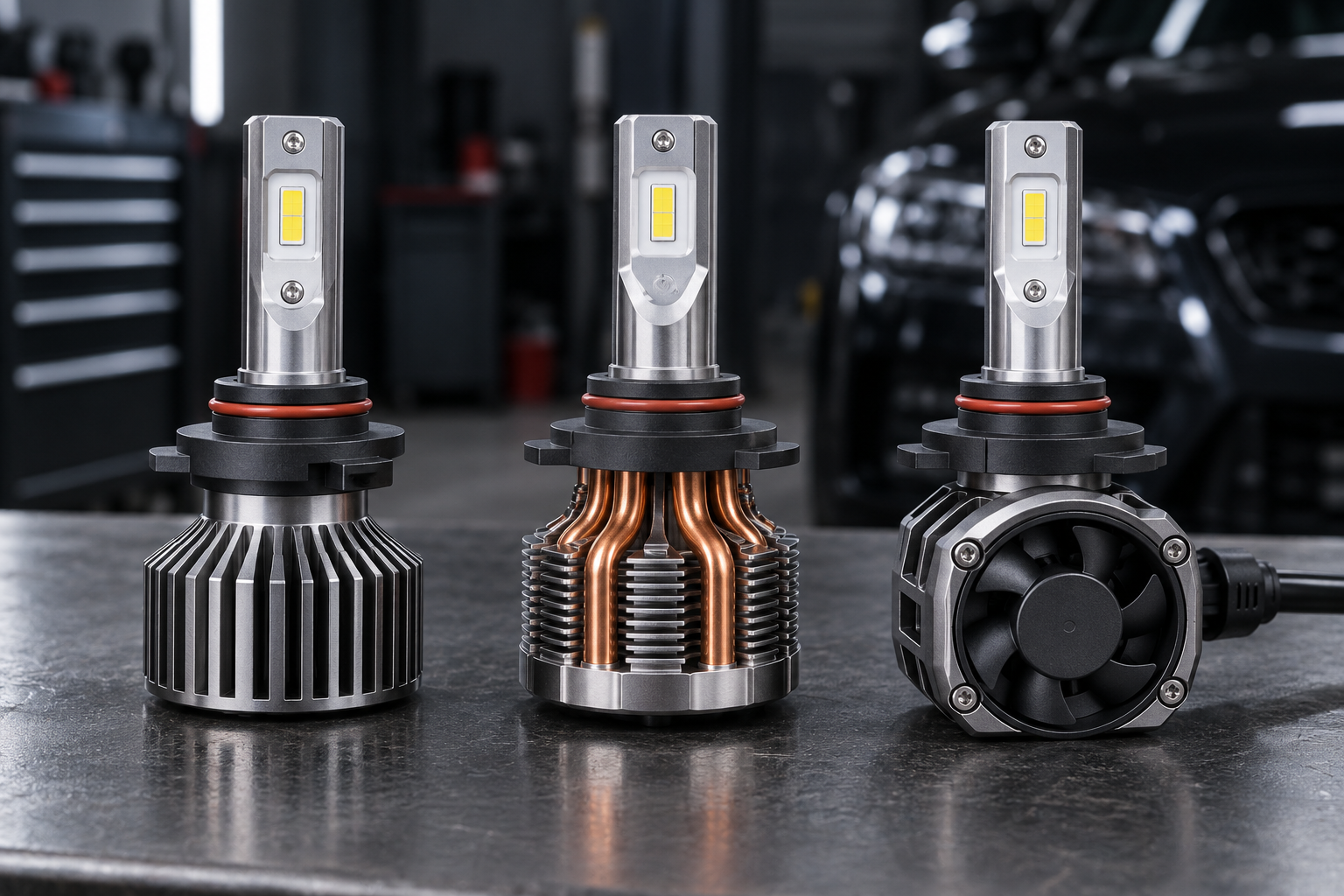 Three 9005 LED headlight bulbs with different cooling designs: compact heatsink, copper pipes and fan