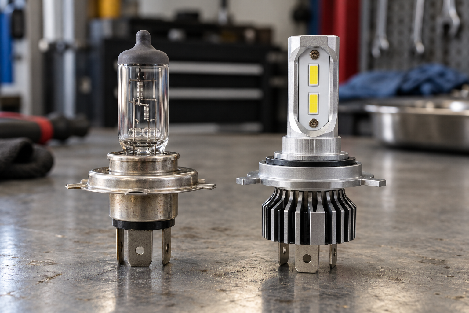 Halogen H4 bulb with two filaments next to an H4 LED headlight bulb with a cooling heatsink