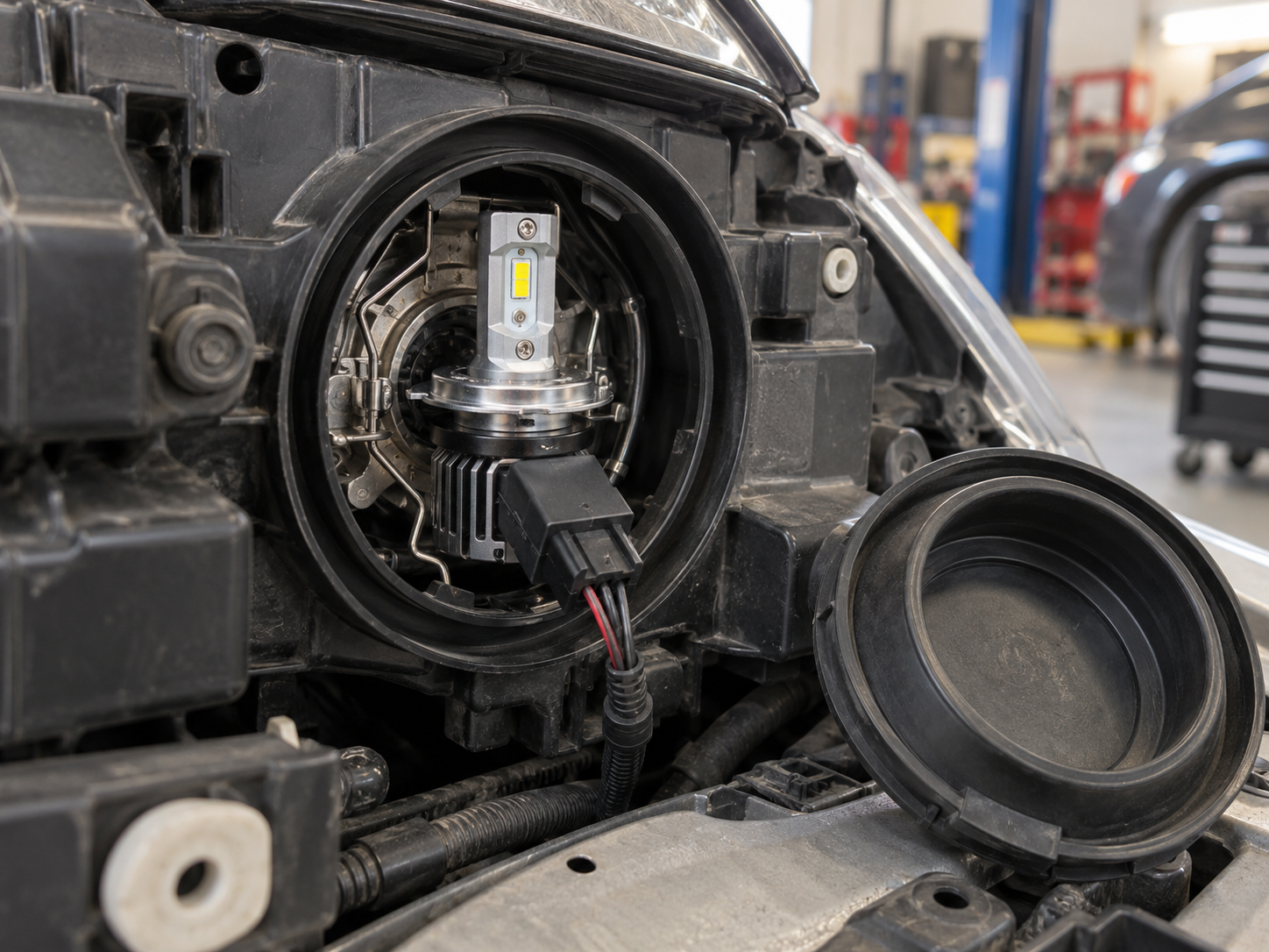 H4 LED headlight bulb fitted in a headlamp with the connector plugged in and the dust cover removed
