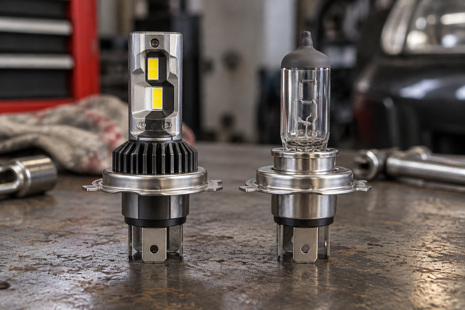 Dual-beam H4 LED headlight bulb beside a halogen H4 bulb on a workbench for fit comparison
