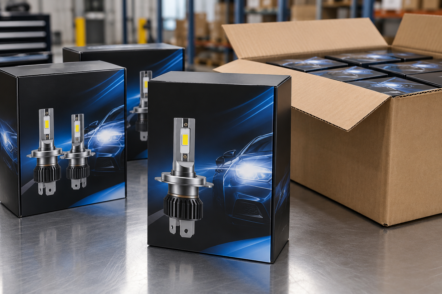 H4 LED headlight bulb color boxes with the H4 socket printed on the label, packed in an outer carton