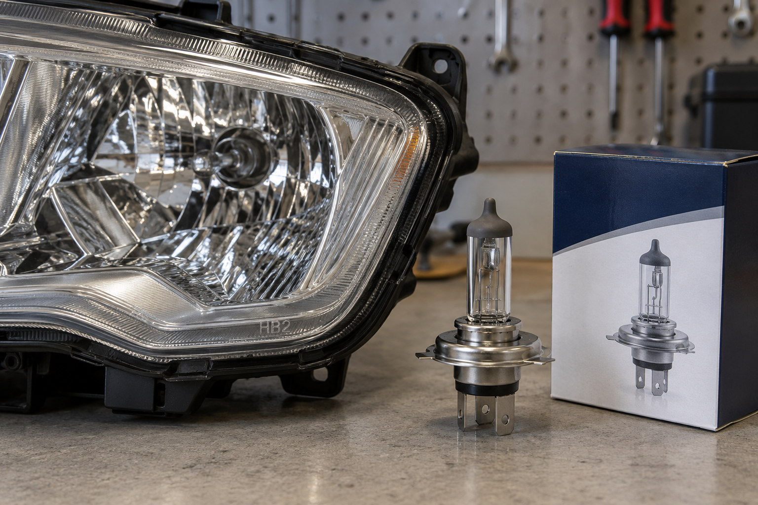 Headlamp lens with an HB2 mark next to a dual-filament H4 halogen bulb box also labeled 9003